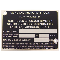 47-53 GMC Door Post I.D. Plate, Black on Aluminum