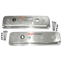 60-72 Chevrolet Small Block Car Polished Alum Center Bolt Valve Covers, Red Bowtie, Black Chevrolet