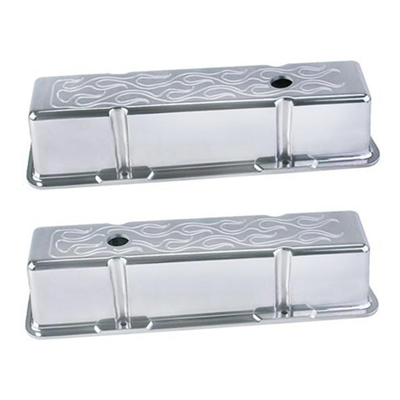 Chevrolet Small Block Polished Aluminum Valve Covers with Flames, Tall, Pair