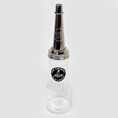 Glass Motor Oil Bottle, Felix Chevrolet Sales & Service Decal