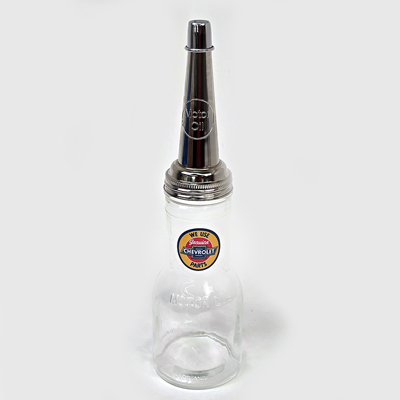 Glass Motor Oil Bottle, We Use Genuine Chevrolet Parts Decal