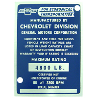 1955 2nd Series Chevrolet Door Post I.D. Plate, Blue on Aluminum