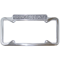 56-59 License Plate Frame, Orange County, Polished Aluminum