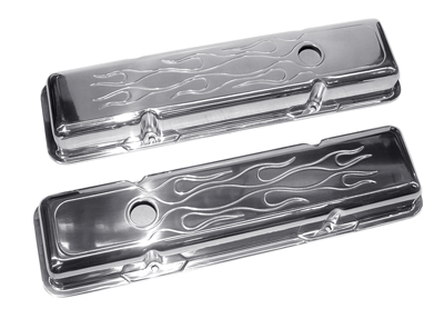 64-86 Chevelle / El Camino Small Block Polished Aluminum Valve Covers With Flames / Short