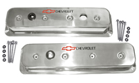 64-72 Chevelle / El Camino Valve Cover, Center Bolt, Polished Aluminum Red Bow-Tie & Black Chevrolet