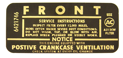 65-67 Air Cleaner Service Instructions, W/ A212CW Filter, #6421746
