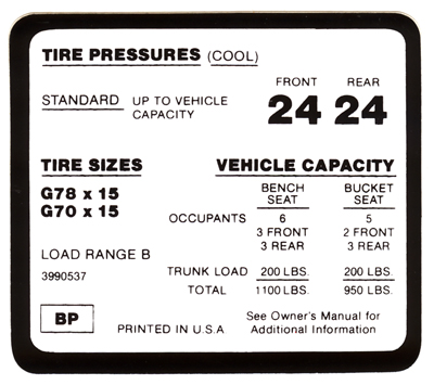 70-73 Tire Pressure Decal, G70X15, G78X15