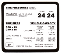 70-73 Tire Pressure Decal, G70X15, G78X15