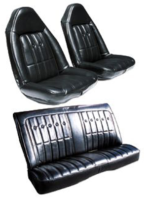 74-76 Chevelle / El Camino  Front Swivel Buckets &Rear Coupe Black Madrid Grain Elk Grain Inserts, Vinyl Covered Buttons