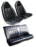 74-76 Chevelle / El Camino  Front Swivel Buckets &Rear Coupe Black Madrid Grain Elk Grain Inserts, Vinyl Covered Buttons