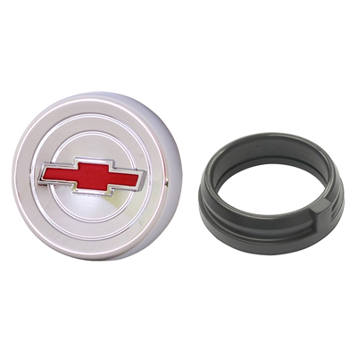 60-66 Chevrolet Horn Cap, Chrome w/ Red Bow Tie, Standard, w/ Grommet