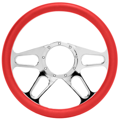 Billet Aluminum Steering Wheel, Tracker Style, Red Leather