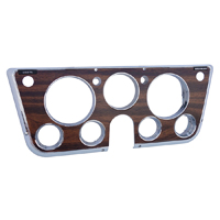 69-72 Dash Bezel, w/ Gauges, Chrome w/ Woodgrain