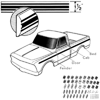 69-72 Upper Side Molding Kit, Shortbed Fleetside 8 Pcs. w/ Metal & Adhesive Clips