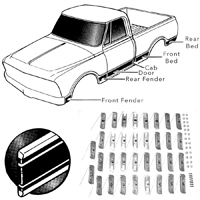 69-72 Lower Body Side Molding Kit, Shortbed Fleetside, Black, w/ Metal Clips