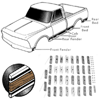 69-72 Lower Side Molding Set, Shortbed Fleetside, Woodgrain, w/ Metal Clips