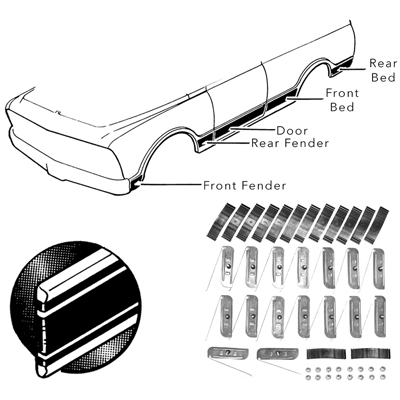 69-72 Chevrolet Blazer / GMC Jimmy Lower Body Side Molding Kit, Black, w/ Metal & Adhesive Clips, 10 Pcs.