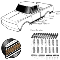 69-72 Lower Side Molding Set, Shortbed Fleetside, Woodgrain, 12 Pcs. w/ Metal Push-in & Plastic Adhesive Clips