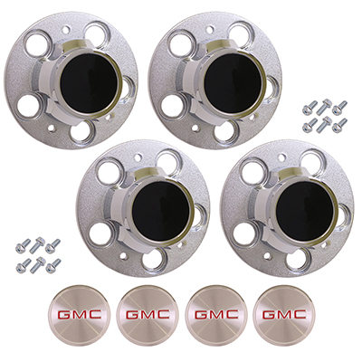 73-87 GMC Truck 5 Lug, 1/2 Ton, 2WD Rally Wheel Hub Cap Set, w/ GMC Emblem Decals