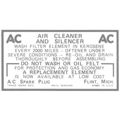 37-48 Chevrolet Full Size Car - Dry Element Air Cleaner Service Decal