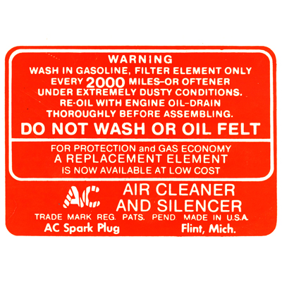 37-48 Chevrolet Full Size Car - Dry Element Air Cleaner Service Decal, Orange