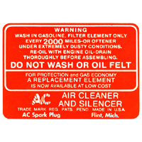 37-48 Chevrolet Full Size Car - Dry Element Air Cleaner Service Decal, Orange