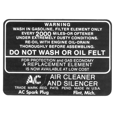 37-48 Chevrolet Full Size Car - Dry Element Air Cleaner Service Decal, Black