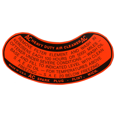 37-48 Chevrolet Full Size Car - Dry Element Air Cleaner Service Decal, Orange/Black (with Oil Bath)
