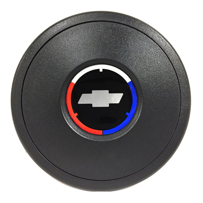 Chevrolet Car, Volante Steering Horn Cap, Black Plastic w/ Red, White & Blue Bowtie Emblem