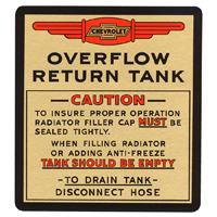 41-54 Chevrolet Car - Radiator Overflow Decal, Black/Gold/Red - Water Transfer