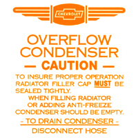 41-54 Chevrolet Car - Radiator Overflow Decal w/Orange Letters