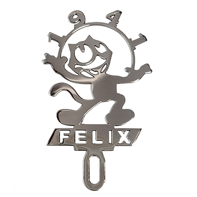 License Plate Decoration - Polished Stainless Steel Felix w/ Bowtie, 