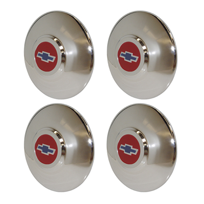49 Chevrolet Passenger Car Hub Cap Set, Chrome w/ Red & Blue Painted Details, 4-Pieces