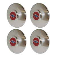 49 Chevrolet Passenger Car Hub Cap Set, Chrome w/ Red & Blue Painted Details, 4-Pieces