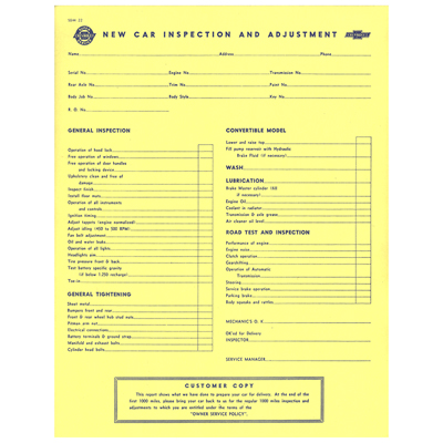 41-54 Chevrolet Full Size Car - New Car Inspection & Adjustment Sheet