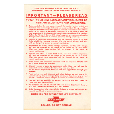 41-72 Chevrolet Full Size Car - Factory Warranty Sheet