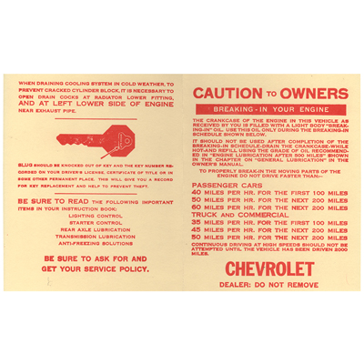 41-68 Chevrolet Full Size Car (47-72 Truck) - Breaking In New Vehicle Instruction Sheet