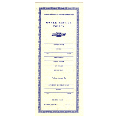 41-57 Chevrolet Full Size Car (47-55 Truck) - Owners Service Policy Pamphlet