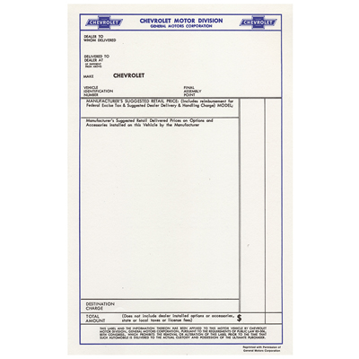 49-57 Chevrolet Car - Window Sticker Sheet