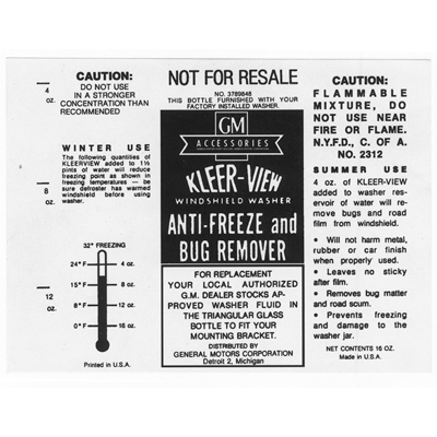 Chevrolet Car - Kleer-View Windshield Washer/Antifreeze/Bug Remover Optikleen Bottle Decal