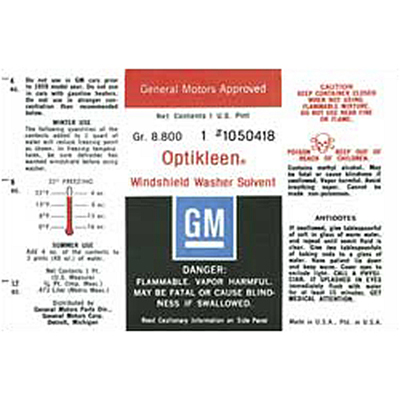 Chevrolet Car - Optikleen Windshield Washer Solvent Bottle Label, GM #1050418