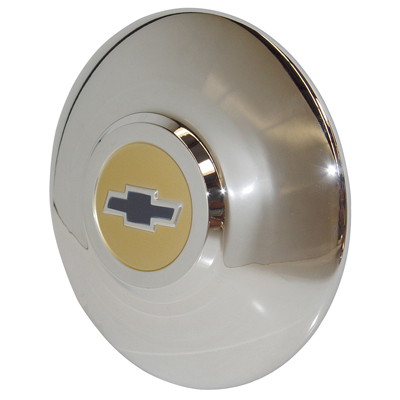 50 Chevrolet Passenger Car Hub Cap, Single, Chrome w/ Gold & Blue Painted Details, Each