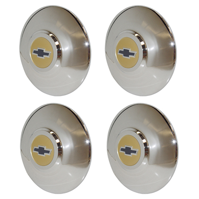 50 Chevrolet Passenger Car Hub Cap Set, Chrome w/ Gold & Blue Painted Details, 4-Pieces