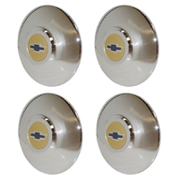 50 Chevrolet Passenger Car Hub Cap Set, Chrome w/ Gold & Blue Painted Details, 4-Pieces