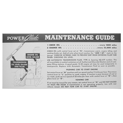 50-54 Chevrolet Car w/PowerGlide - New Car Visor Sheet  (Maintenance Guide & Instructions)