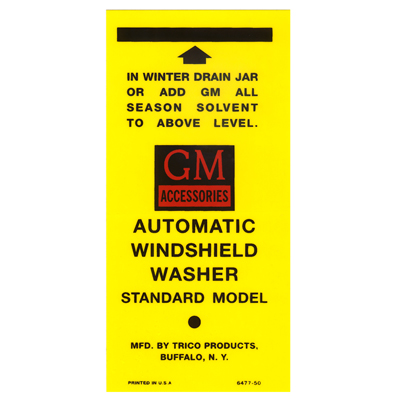 50-60 Chevrolet Full Size Car - Yellow Washer Jar Bracket Label