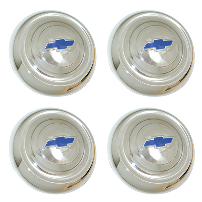 51-53 Chevrolet Passenger Car Hub Cap Set, Small, Chrome w/ Blue Painted Details