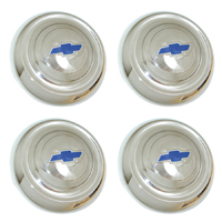 51-53 Chevrolet Passenger Car Hub Cap Set, Small, Chrome w/ Blue Painted Details