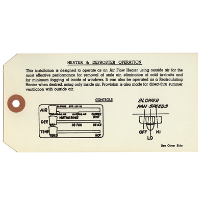 53-54 Chevrolet Full Size Car - Standard Heater Instruction Tag