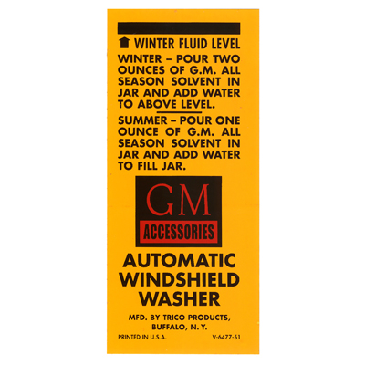 53-54 Chevrolet Full Size Car - Orange Washer Jar Bracket Label